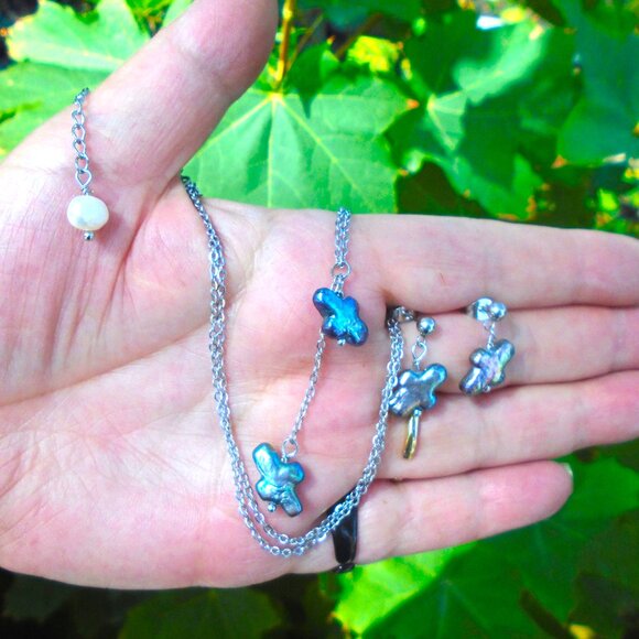 Natural Keshi pearl Double dangle Necklace & Stud earring set, real Unique pearl - Picture 4 of 7